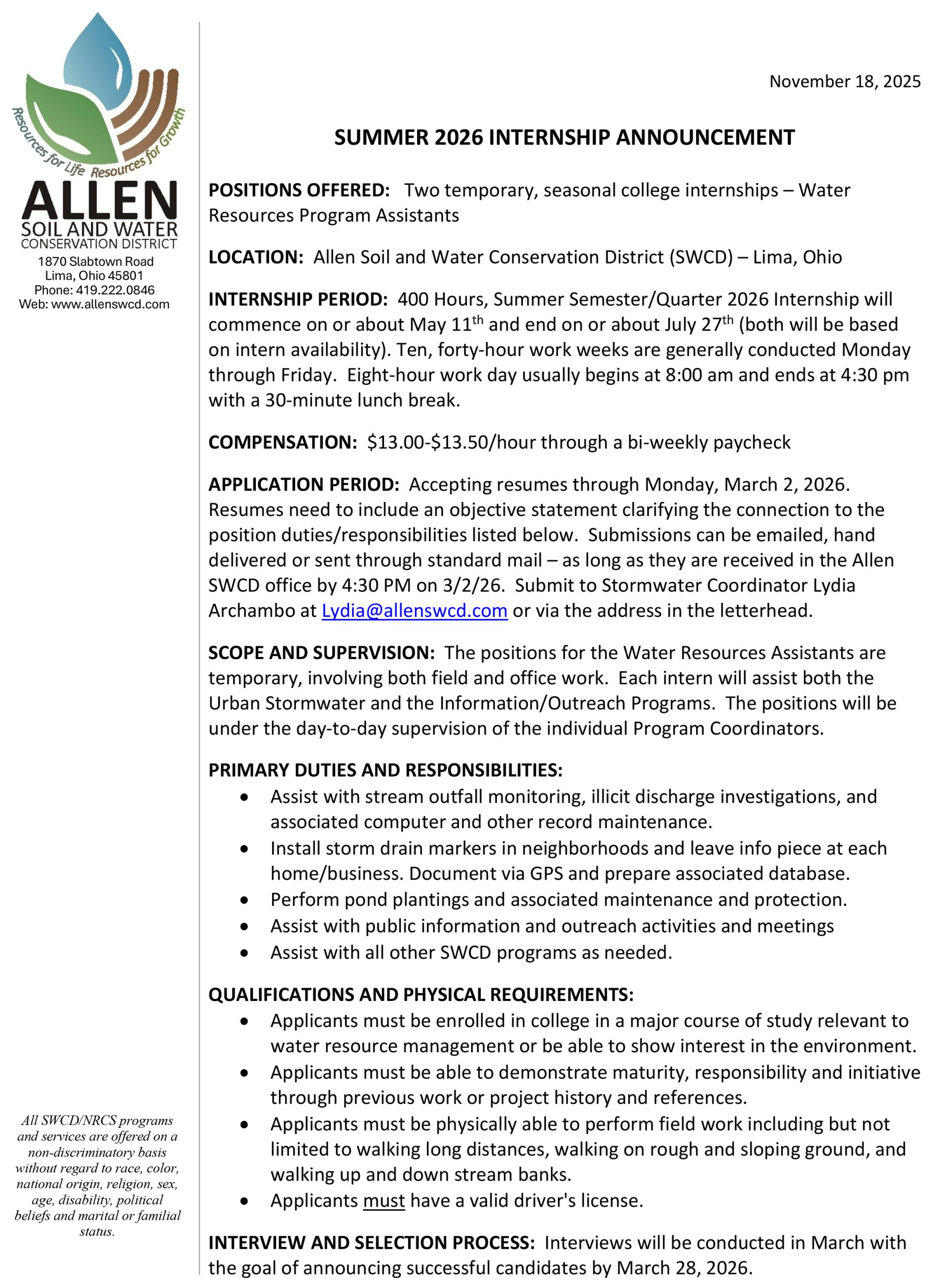 2026 internship announcement